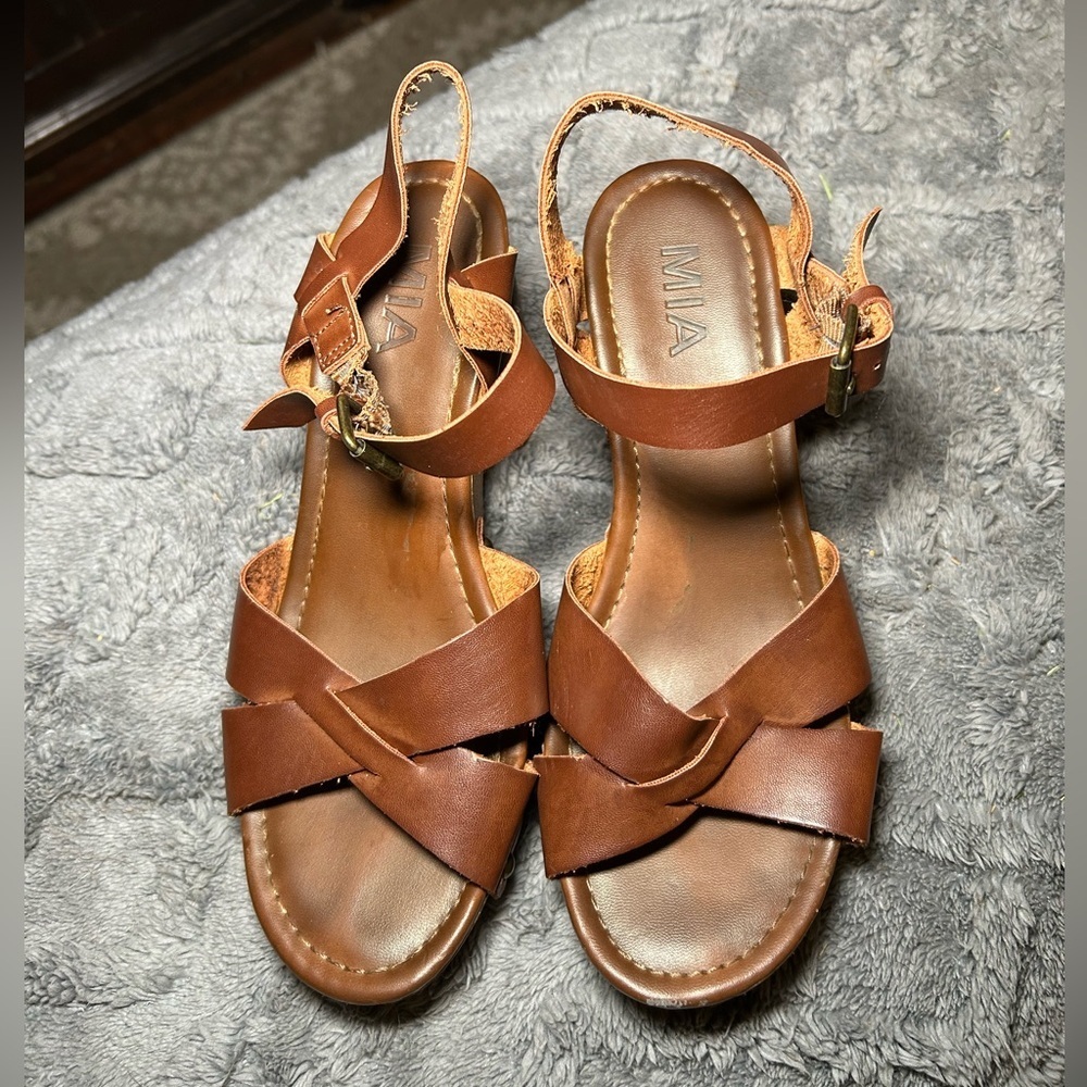 VTG MIA Jamila tan block heel strappy sandals boho festival platform shoes 6.5